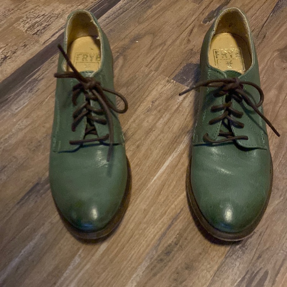 FRYE Shoe Green with brown laces.